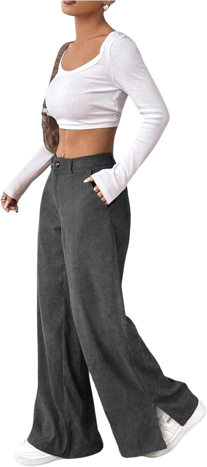 SweatyRocks Women's Corduroy Wide Leg Baggy Pants Casual Split Low Waist Long Fall Trousers with Pockets