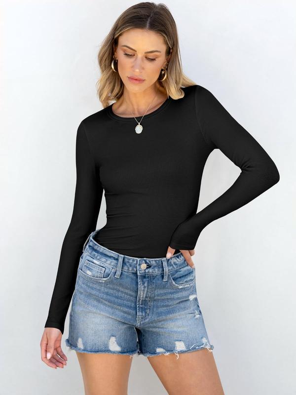 Women Long Sleeve Crewneck Rib Knit Slim Fit Shirts Basic Tee Tops 2025 Casual T-Shirt Going Out Workout Outfits Womenswear Knitwear