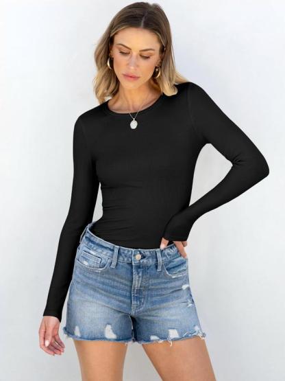 Women Long Sleeve Crewneck Rib Knit Slim Fit Shirts Basic Tee Tops 2025 Casual T-Shirt Going Out Workout Outfits Womenswear Knitwear