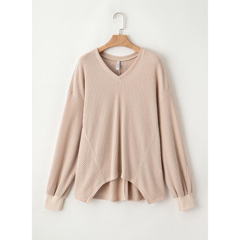 Dokotoo Womens Waffle Knit Tops Fashion Long Lantern Sleeve Casual Blouses V Neck Oversized T Shirts