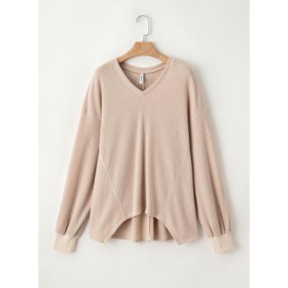 Dokotoo Womens Waffle Knit Tops Fashion Long Lantern Sleeve Casual Blouses V Neck Oversized T Shirts