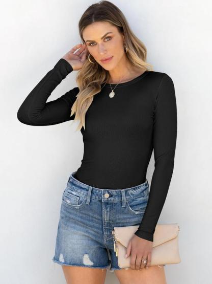 Women Long Sleeve Crewneck Rib Knit Slim Fit Shirts Basic Tee Tops 2025 Casual T-Shirt Going Out Workout Outfits Womenswear Knitwear