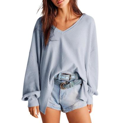 Dokotoo Womens Waffle Knit Tops Fashion Long Lantern Sleeve Casual Blouses V Neck Oversized T Shirts