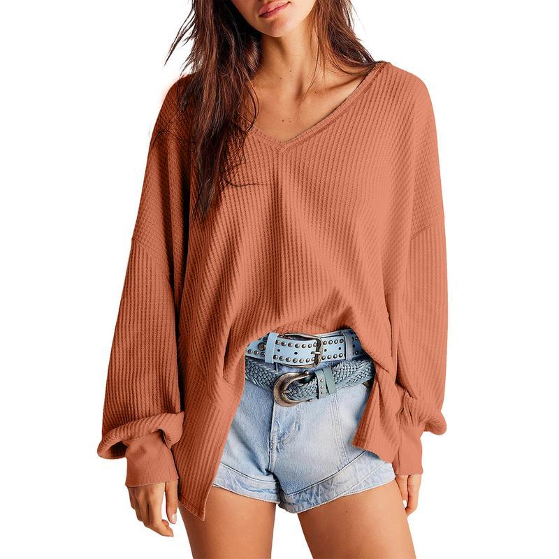 Dokotoo Womens Waffle Knit Tops Fashion Long Lantern Sleeve Casual Blouses V Neck Oversized T Shirts