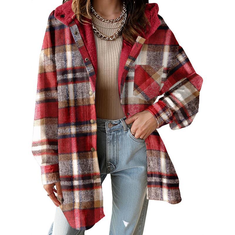 Women's Flannel Hooded Plaid 2026 Shacket Thick Coat Winter Coat for Warmth Button down Warm and Fuzzy Fleece Jacket