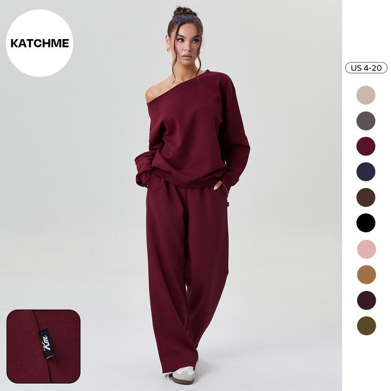 KatchMe Women's Leisure Solid Color Sloping Shoulder Long Sleeve Top & Wide Leg Trousers Co-ord, Cozy Scoop Neck Loose Two Piece Outfits, Basic Womenswear