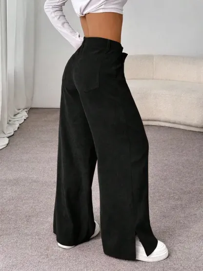 SweatyRocks Women's Corduroy Wide Leg Baggy Pants Casual Split Low Waist Long Fall Trousers with Pockets