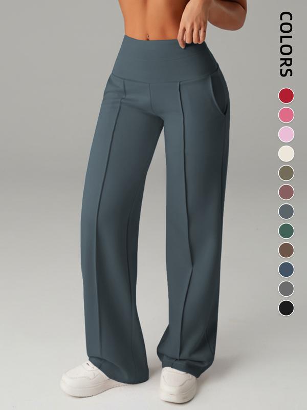 Women's Plain Loose Straight Leg Pants, High Waist Sportswear with Pockets, Comfortable Casual Daily Wear