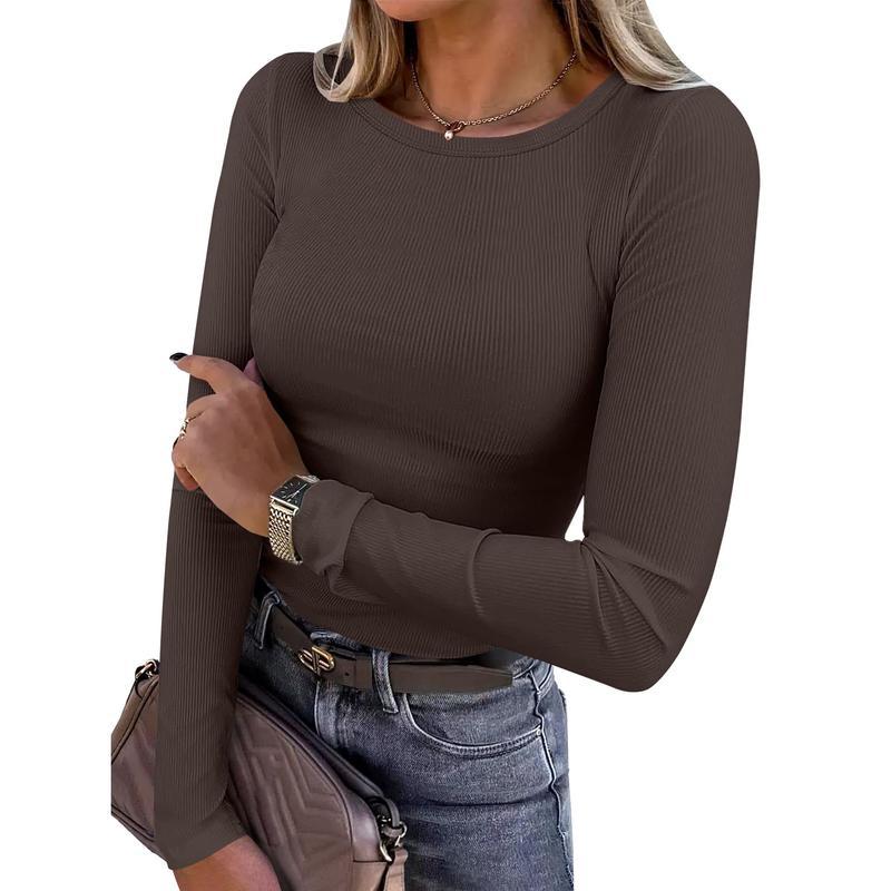 Women Long Sleeve Crewneck Rib Knit Slim Fit Shirts Basic Tee Tops 2025 Casual T-Shirt Going Out Workout Outfits Womenswear Knitwear