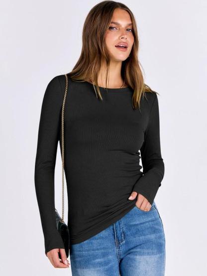 Women Long Sleeve Crewneck Rib Knit Slim Fit Shirts Basic Tee Tops 2025 Casual T-Shirt Going Out Workout Outfits Womenswear Knitwear
