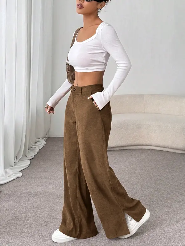 SweatyRocks Women's Corduroy Wide Leg Baggy Pants Casual Split Low Waist Long Fall Trousers with Pockets
