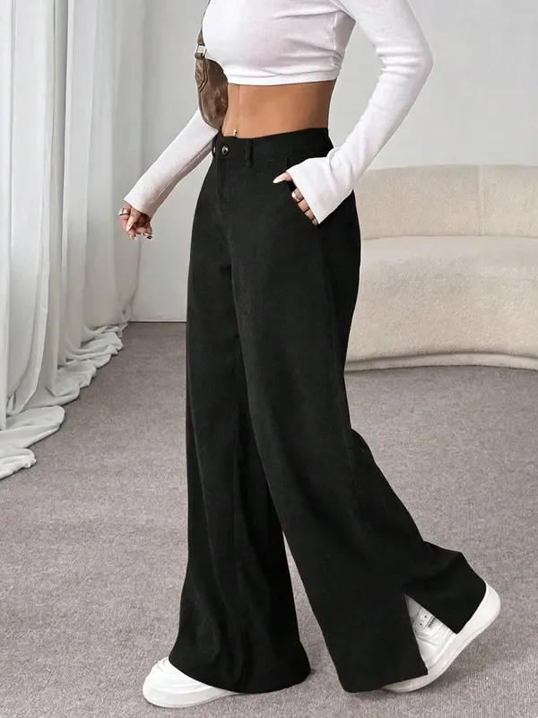 SweatyRocks Women's Corduroy Wide Leg Baggy Pants Casual Split Low Waist Long Fall Trousers with Pockets