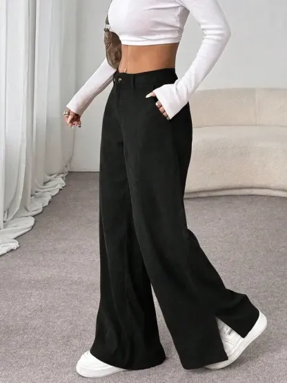 SweatyRocks Women's Corduroy Wide Leg Baggy Pants Casual Split Low Waist Long Fall Trousers with Pockets