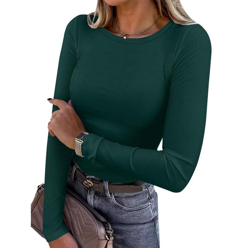 Women Long Sleeve Crewneck Rib Knit Slim Fit Shirts Basic Tee Tops 2025 Casual T-Shirt Going Out Workout Outfits Womenswear Knitwear