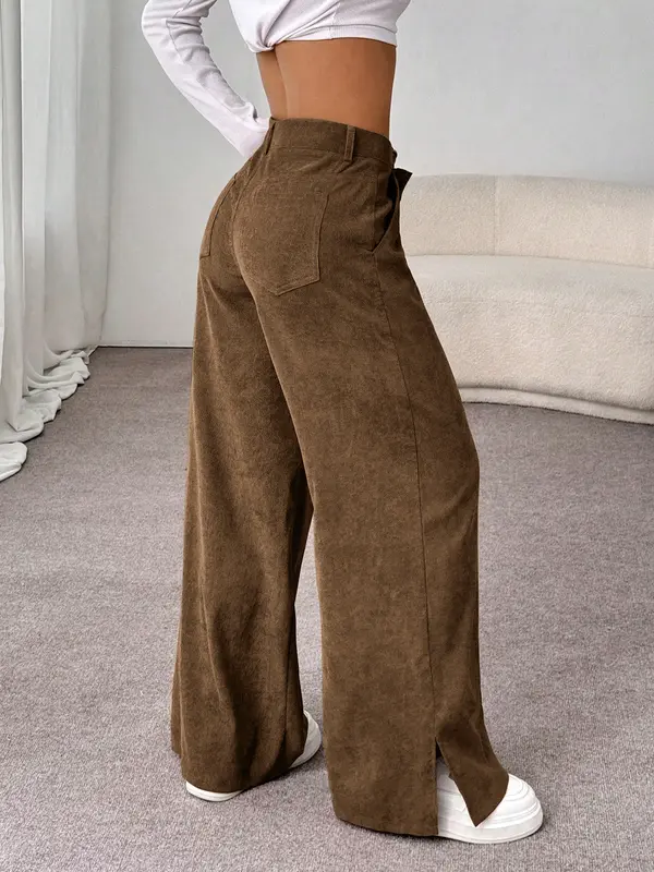 SweatyRocks Women's Corduroy Wide Leg Baggy Pants Casual Split Low Waist Long Fall Trousers with Pockets
