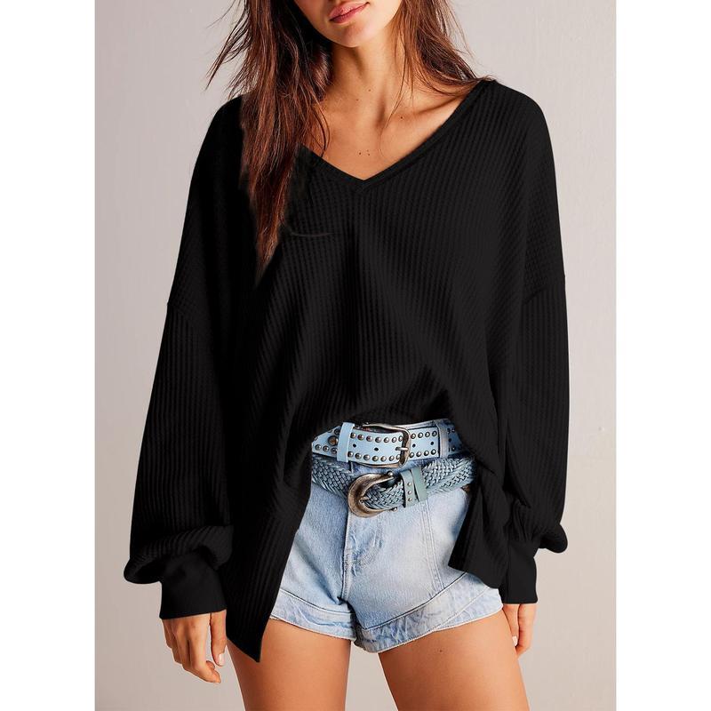 Dokotoo Womens Waffle Knit Tops Fashion Long Lantern Sleeve Casual Blouses V Neck Oversized T Shirts