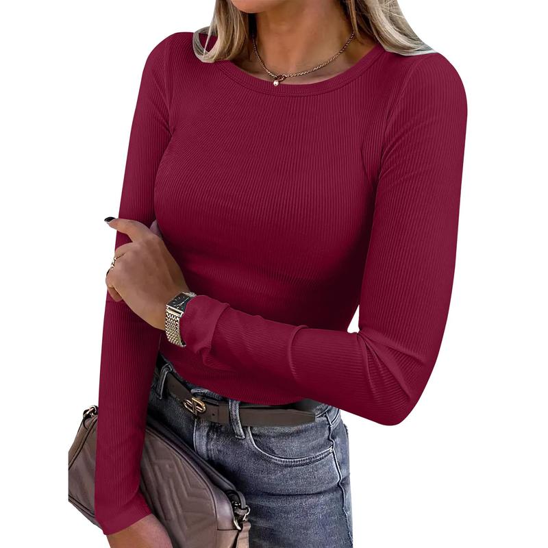 Women Long Sleeve Crewneck Rib Knit Slim Fit Shirts Basic Tee Tops 2025 Casual T-Shirt Going Out Workout Outfits Womenswear Knitwear