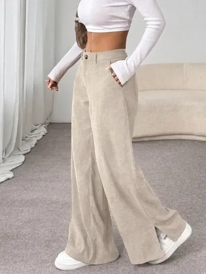 SweatyRocks Women's Corduroy Wide Leg Baggy Pants Casual Split Low Waist Long Fall Trousers with Pockets