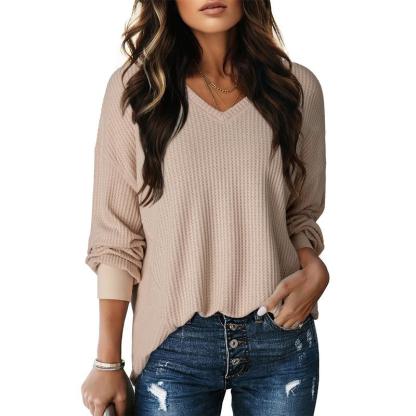 Dokotoo Womens Waffle Knit Tops Fashion Long Lantern Sleeve Casual Blouses V Neck Oversized T Shirts