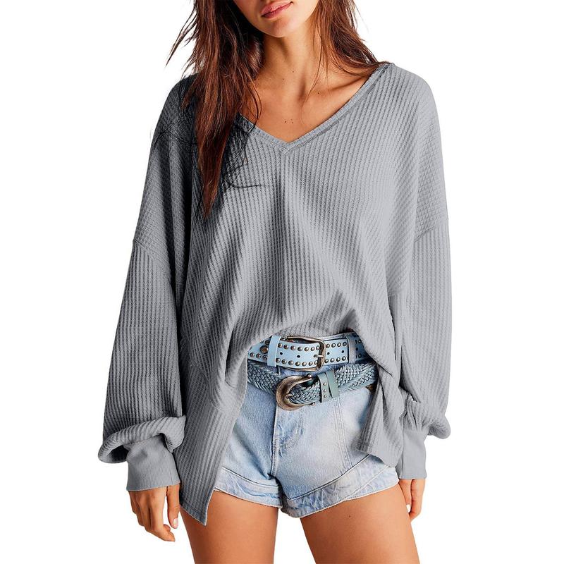 Dokotoo Womens Waffle Knit Tops Fashion Long Lantern Sleeve Casual Blouses V Neck Oversized T Shirts