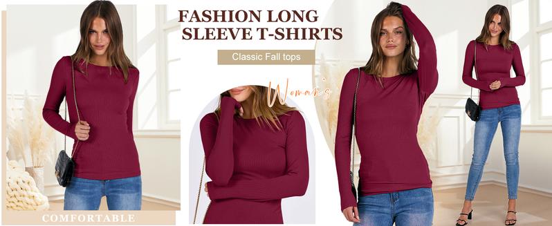 ANRABESS Women Long Sleeve Crewneck Rib Knit Slim Fit Shirts Basic Tee Tops 2025 Casual T-Shirt Going Out Workout Outfits Womenswear Knitwear