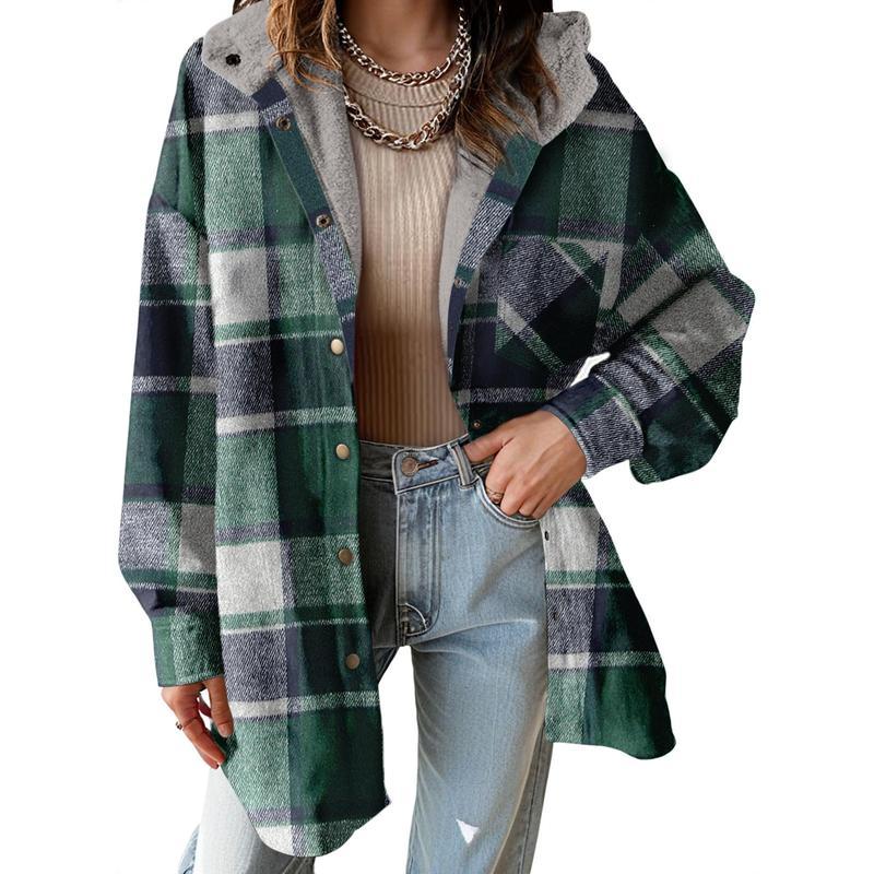 Women's Flannel Hooded Plaid 2026 Shacket Thick Coat Winter Coat for Warmth Button down Warm and Fuzzy Fleece Jacket