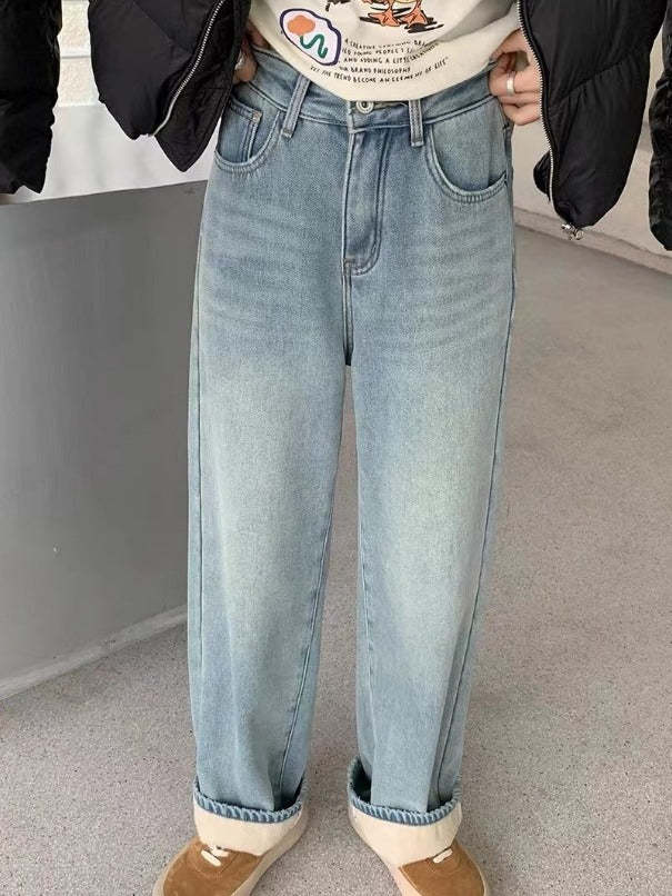 Retro Blue Pear-shaped High Waist Velvet Padded Baggy Pants