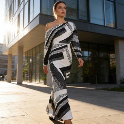 Black-and-white geometric-patterned slouch-shouldered women‘s dress Long-sleeved, body-fitting, hip-length skirt