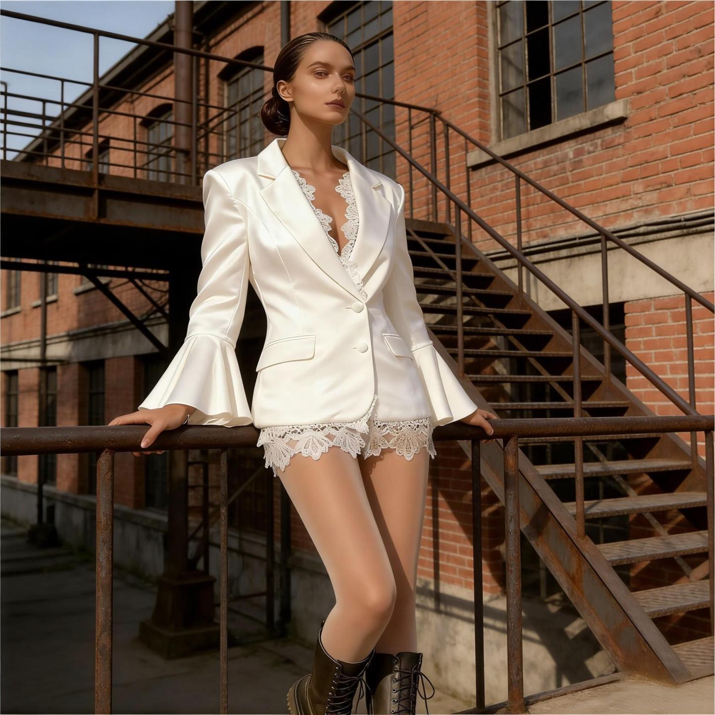 Woman's White Bell Sleeve Lace-Trimmed Blazer Dress