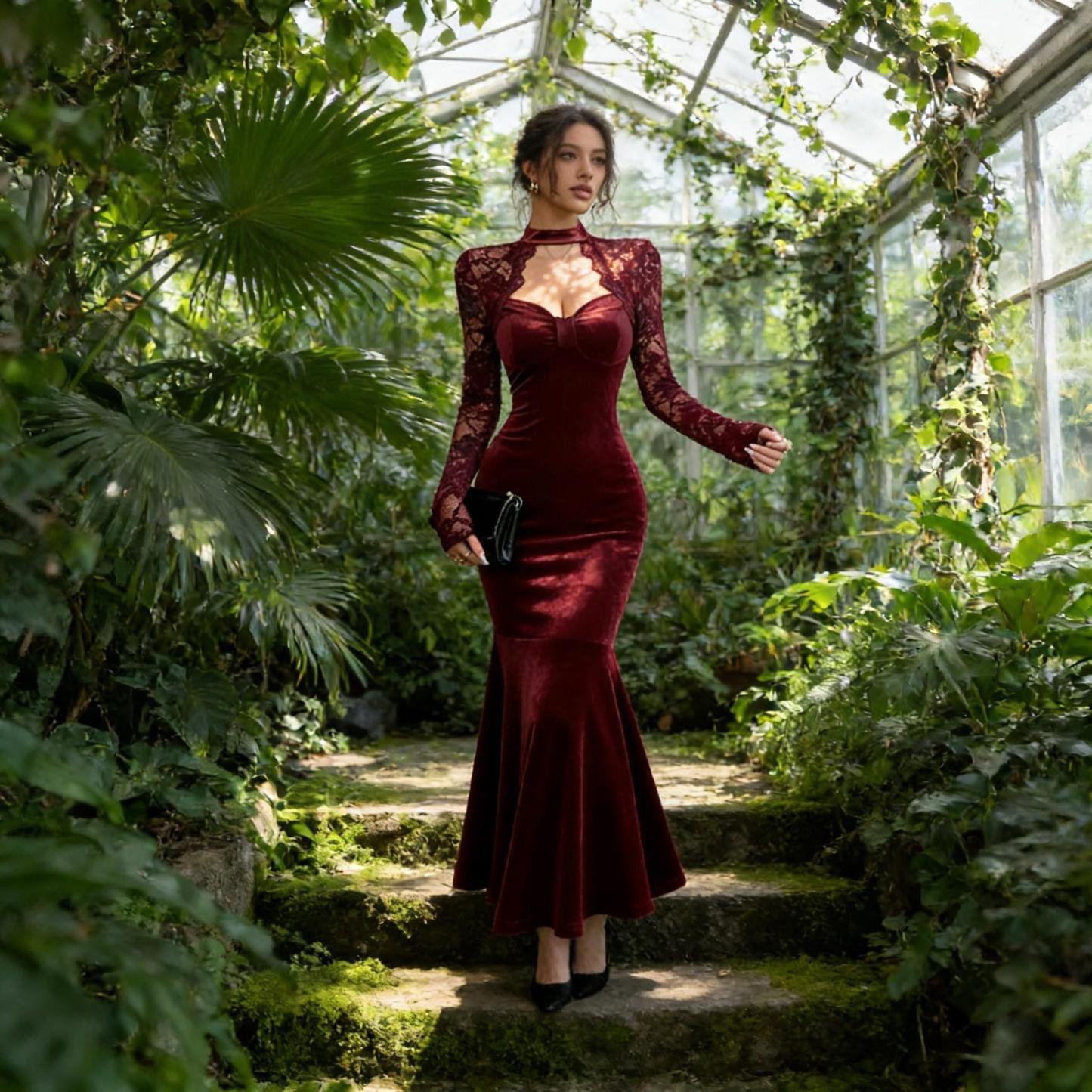 Woman's Burgundy Velvet Lace Long Sleeve Halter Sweetheart Mermaid Dress