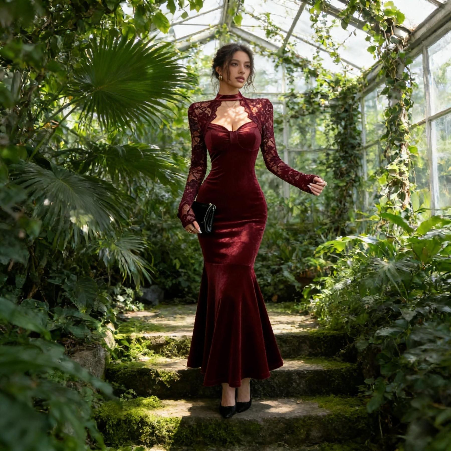 Woman's Burgundy Velvet Lace Long Sleeve Halter Sweetheart Mermaid Dress