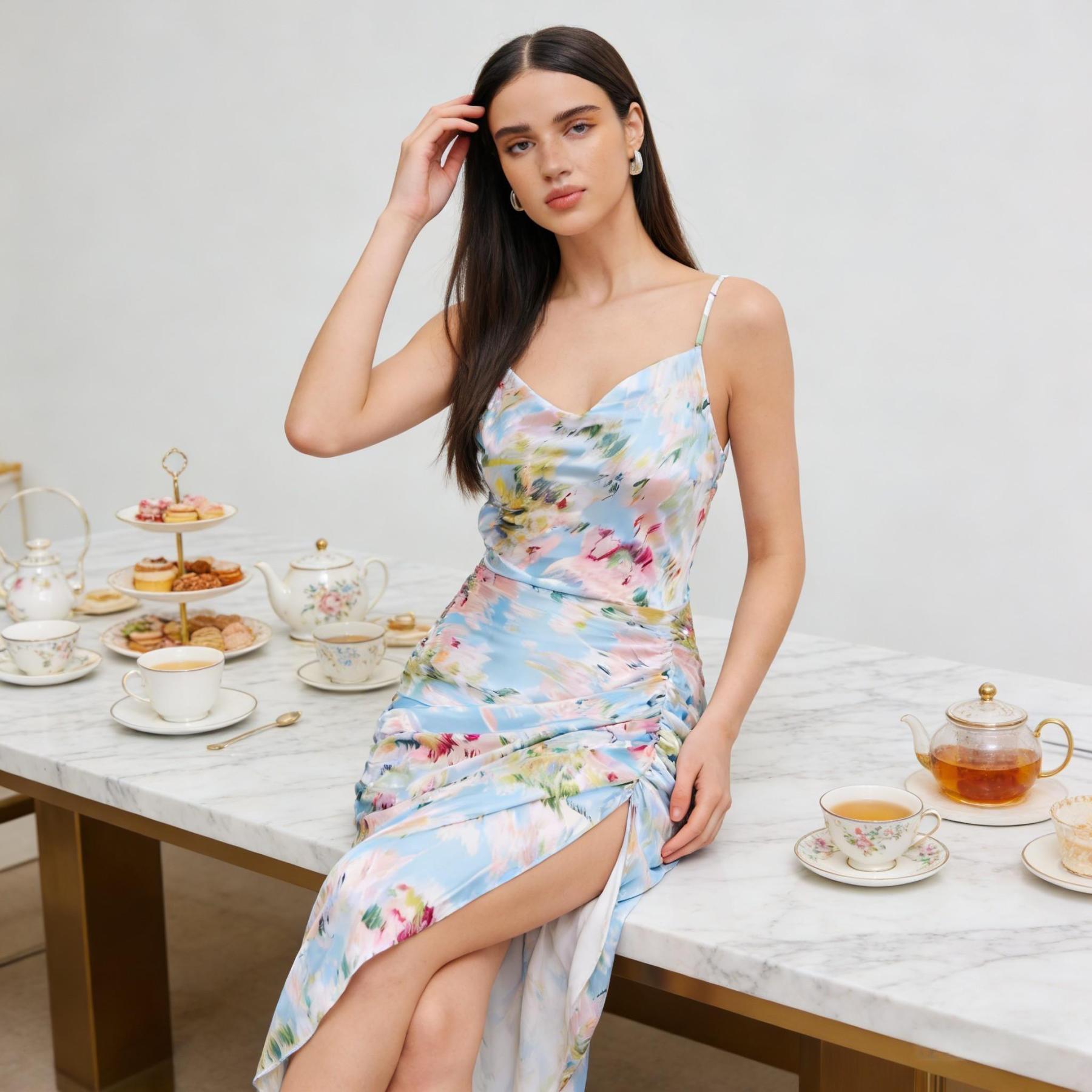 Woman's Pastel Abstract Print Satin Slip Dress with Ruched Detail