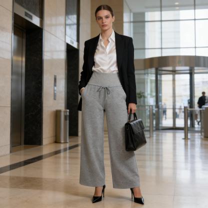 Light gray high waist drawstring broad leg wei pants woman, loose sagging feeling lazy wind pants