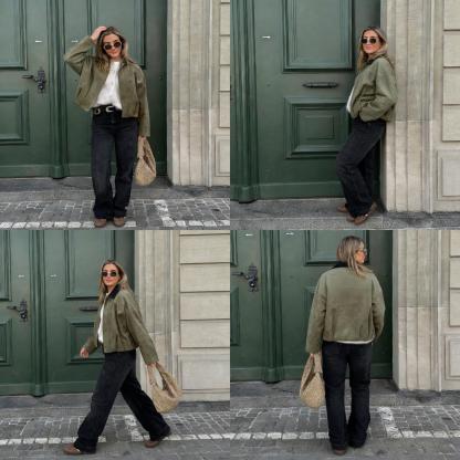 Black and green contrasting reversal suede shirt Loose long-sleeved jacket jacket jacket