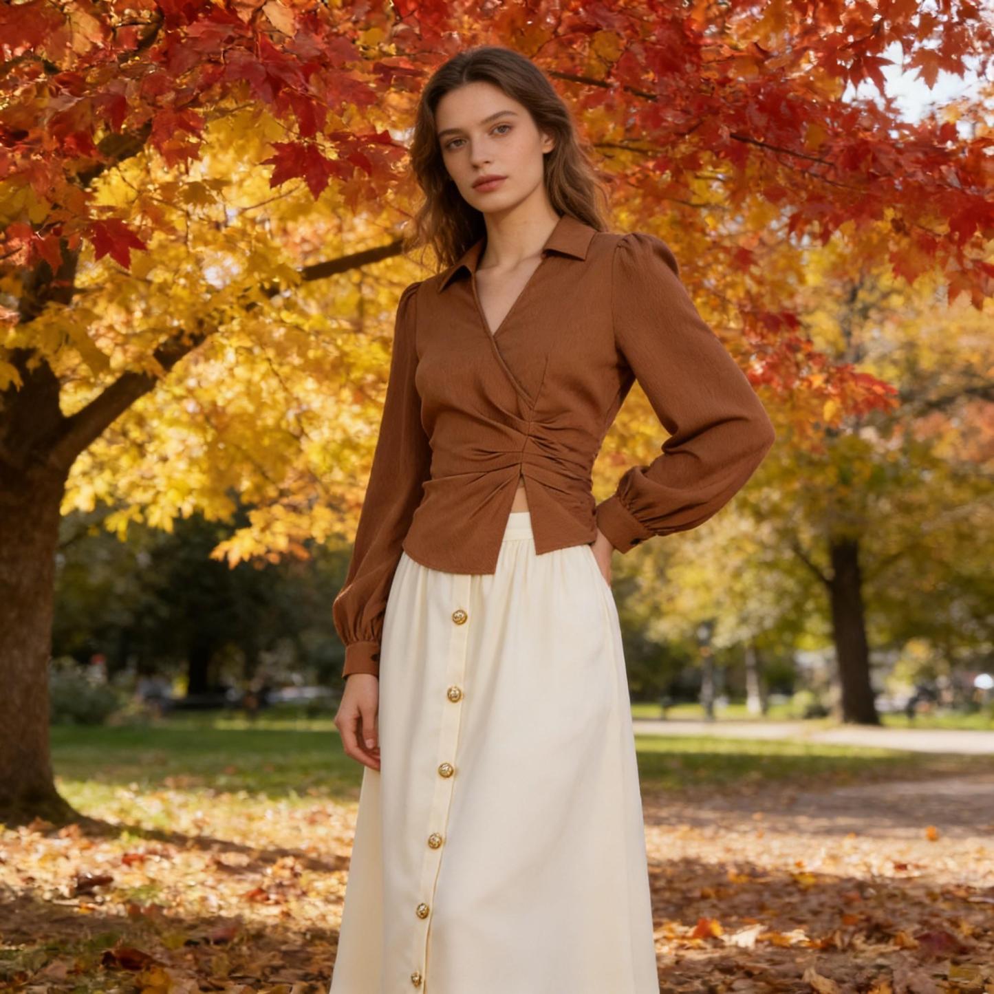 Caramel-colored twisted body shirt, beige-white high-waisted half-skirt button-down suit