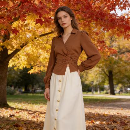 Caramel-colored twisted body shirt, beige-white high-waisted half-skirt button-down suit