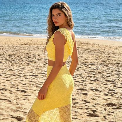 Woman's Light Yellow Lace Cami Top & Sheer Lace High-Waist Maxi Skirt Set