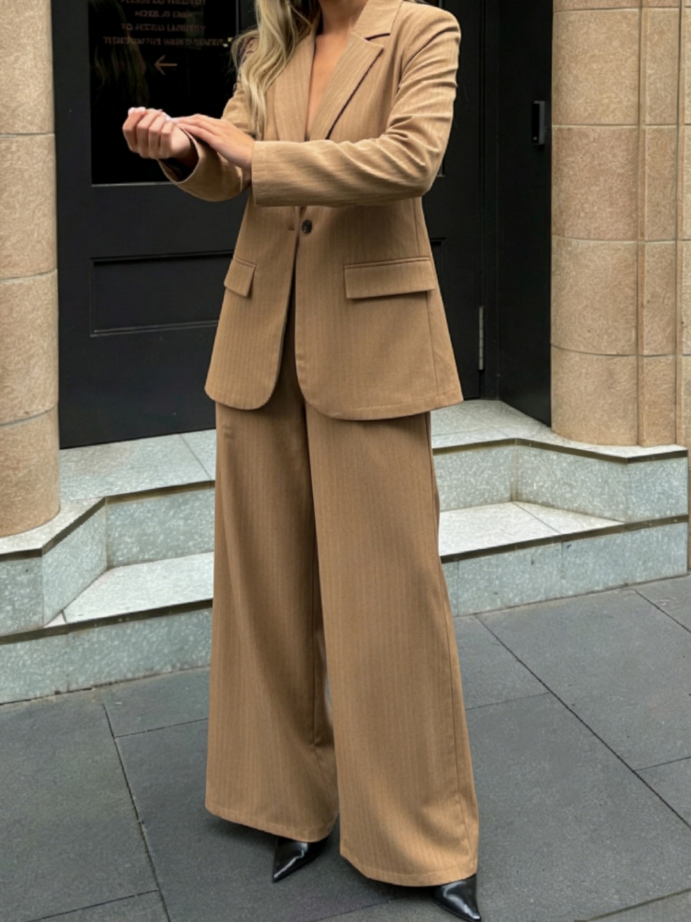 Woman's Camel Vertical Stripe Blazer & Wide-Leg Pants Set | Loose Casual Office Two-Piece-Aegean-sea