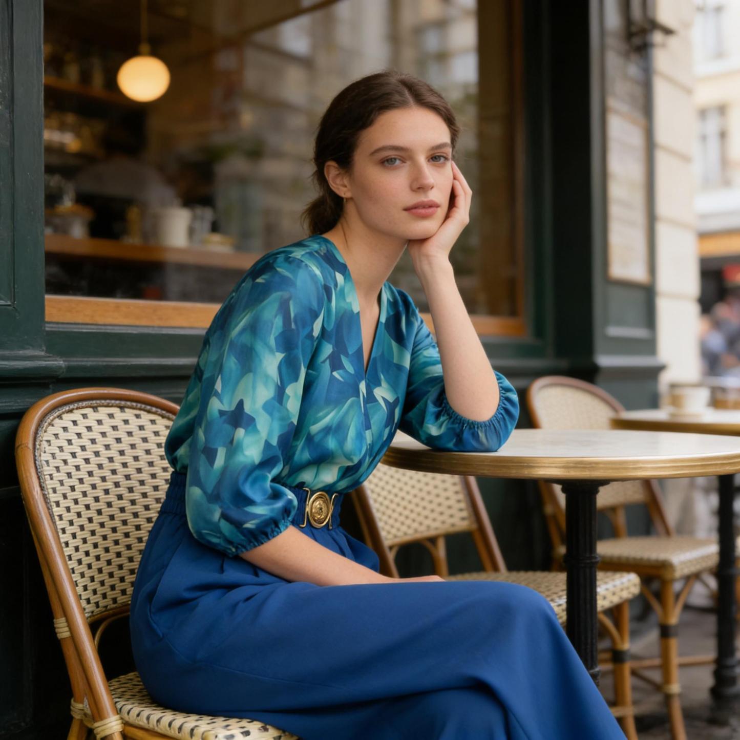 Gradient blue hue stained V-neck shirt, waist-closing metal-buttoned jumpsuit