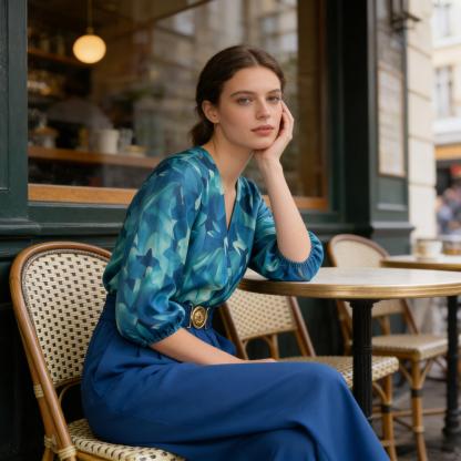 Gradient blue hue stained V-neck shirt, waist-closing metal-buttoned jumpsuit