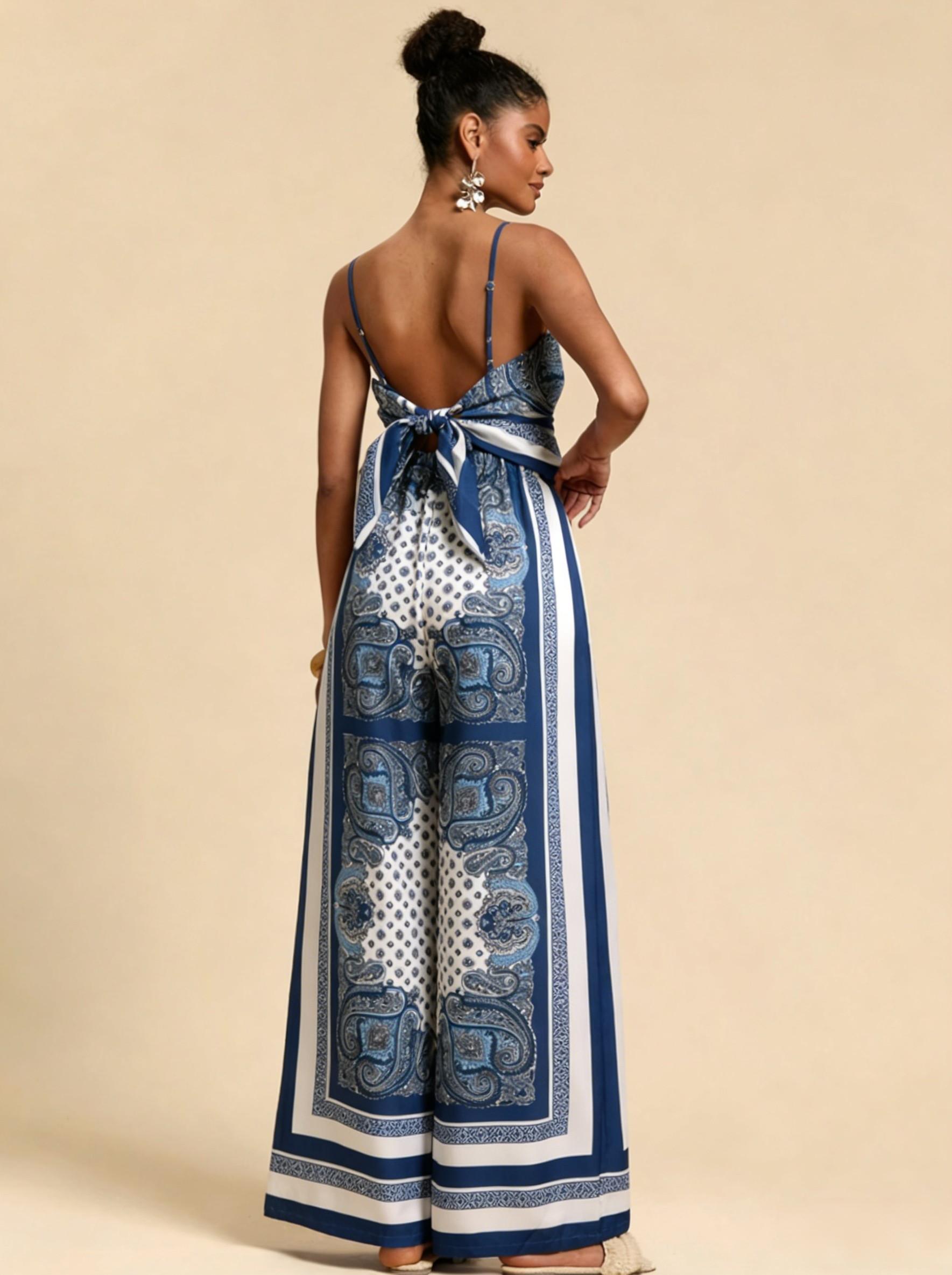 Flowery sling-back square scarf top wide-legged pants suit, bohemian holiday style two-piece suit