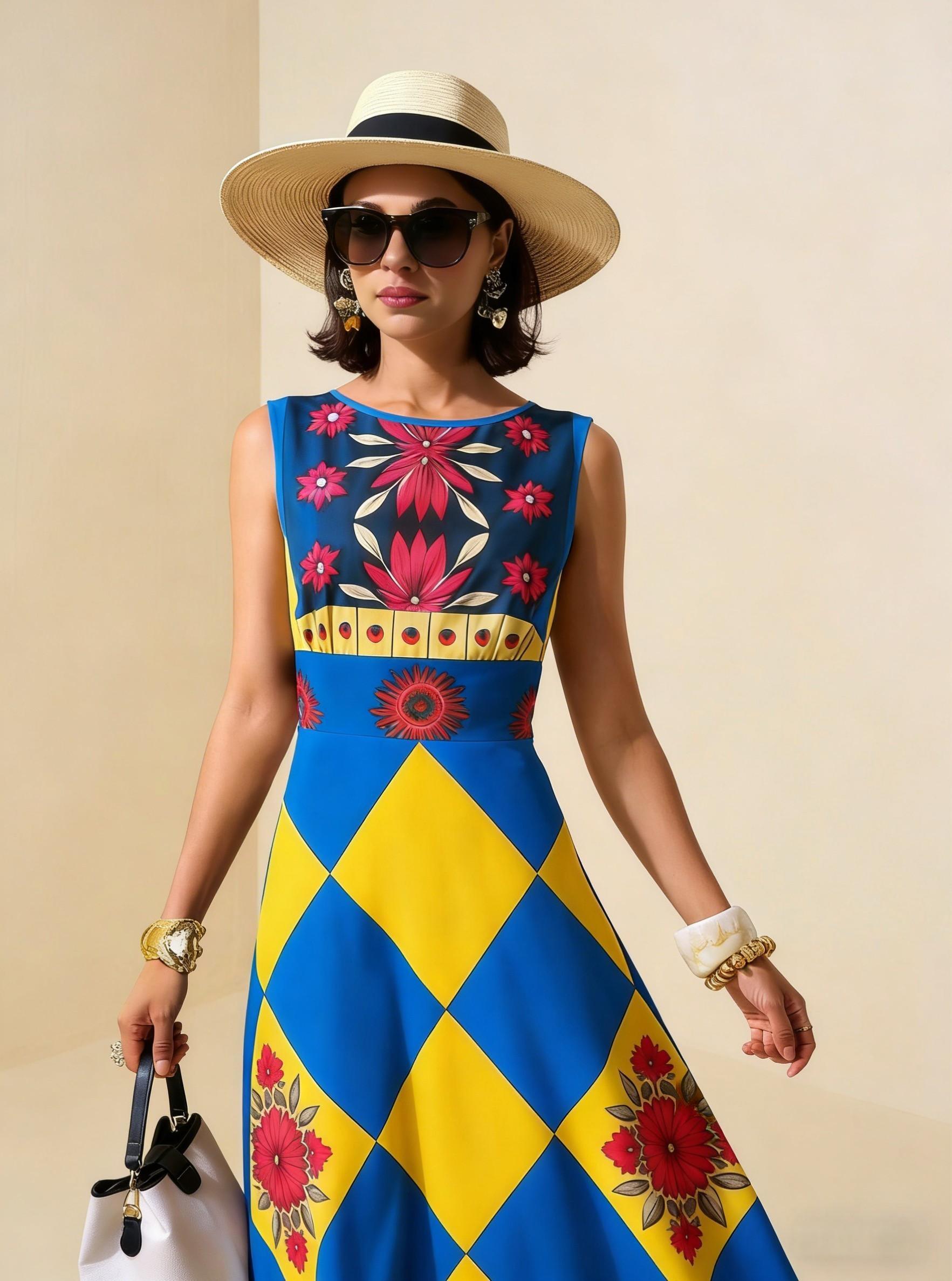 Blue & Yellow Diamond Floral Sleeveless Maxi Dress, Boho Vacation Flowy A Line Dress