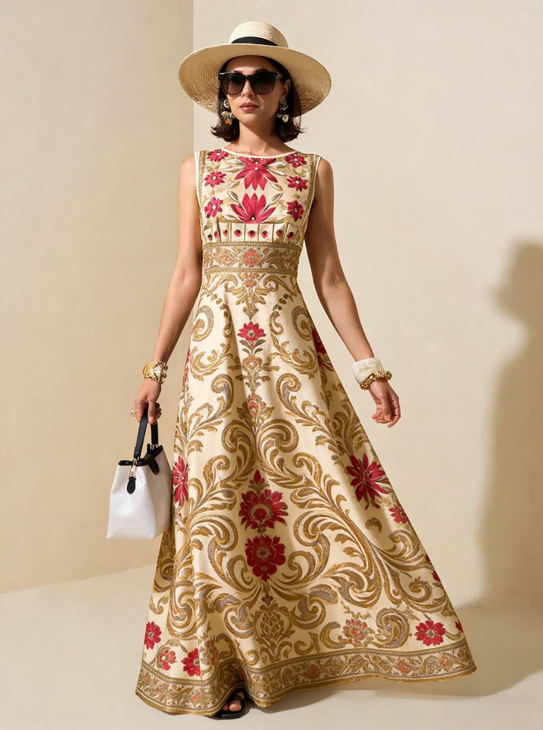 Beige & Gold Vintage Floral Sleeveless Maxi Dress, Elegant Palace Style Vacation Gown