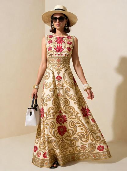 Beige & Gold Vintage Floral Sleeveless Maxi Dress, Elegant Palace Style Vacation Gown