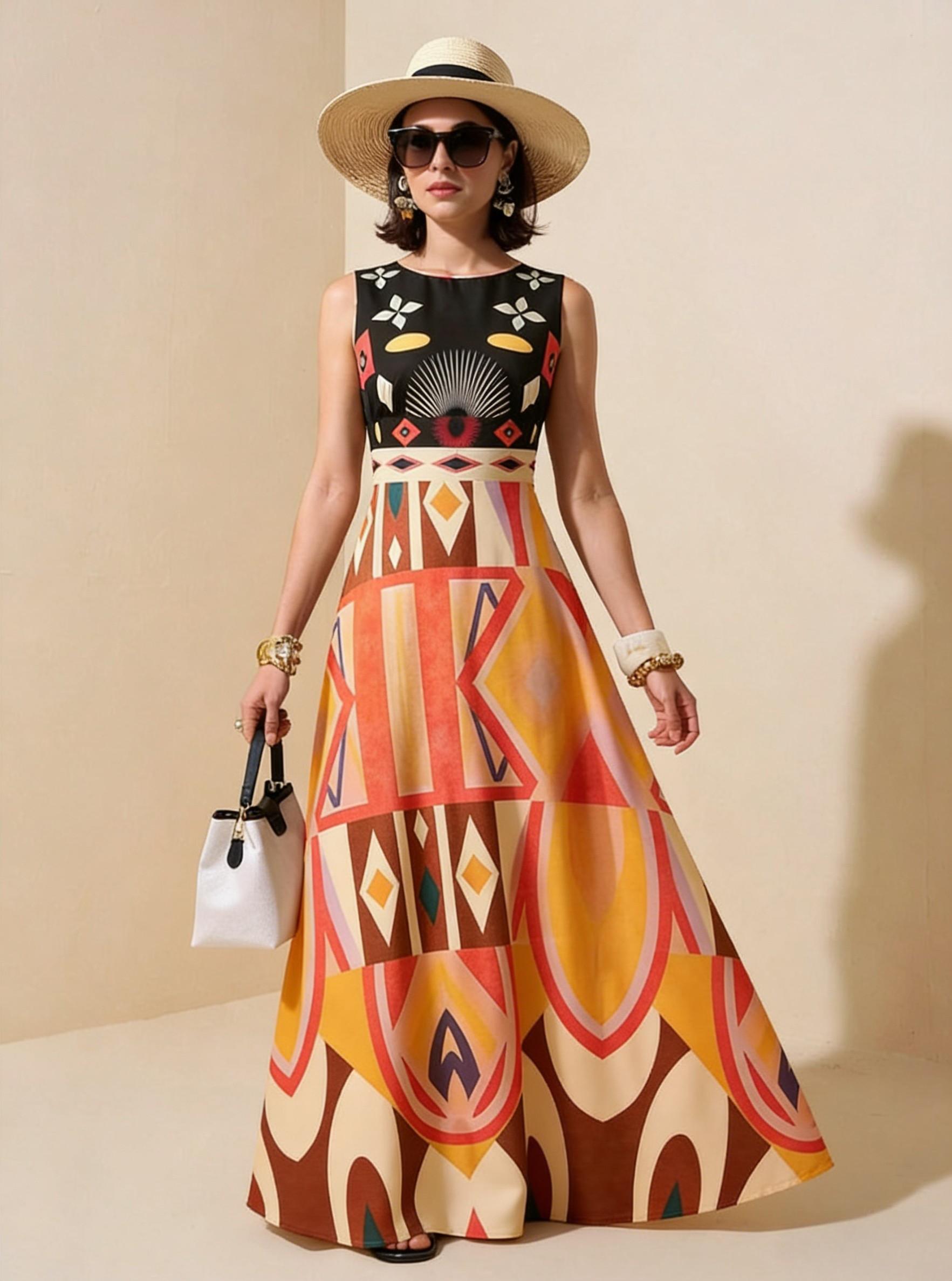 2026 Spring New Sleeveless Art Print Maxi Dress