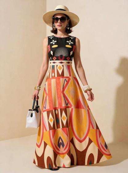 2026 Spring New Sleeveless Art Print Maxi Dress