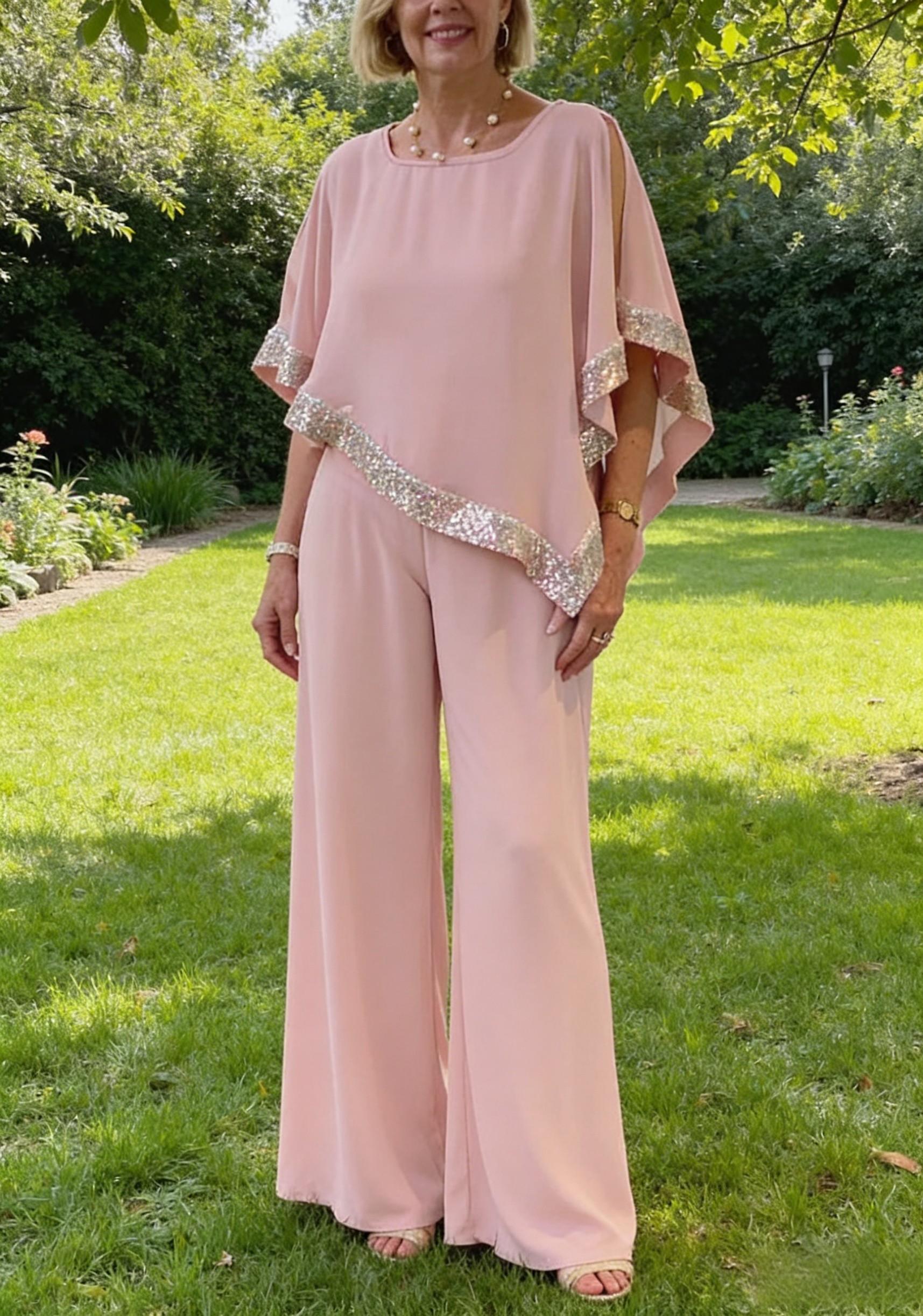 Pink sequined wide-legged suit, elegant temperament two-piece suit