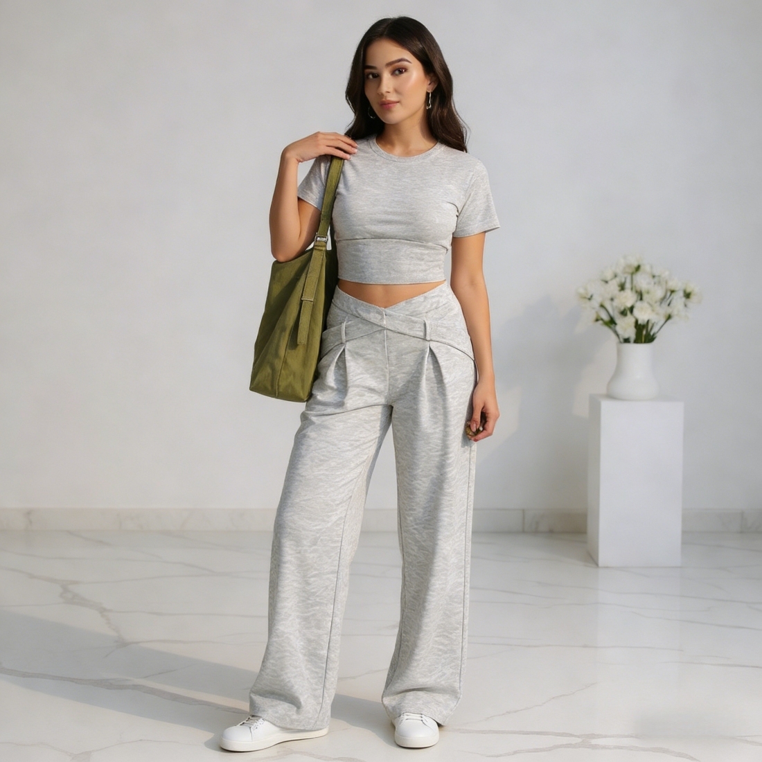 Light gray cross-waisted wide-legged pants for women Loose sagging casual sweatpants Daily commute laziness-Aegean-sea