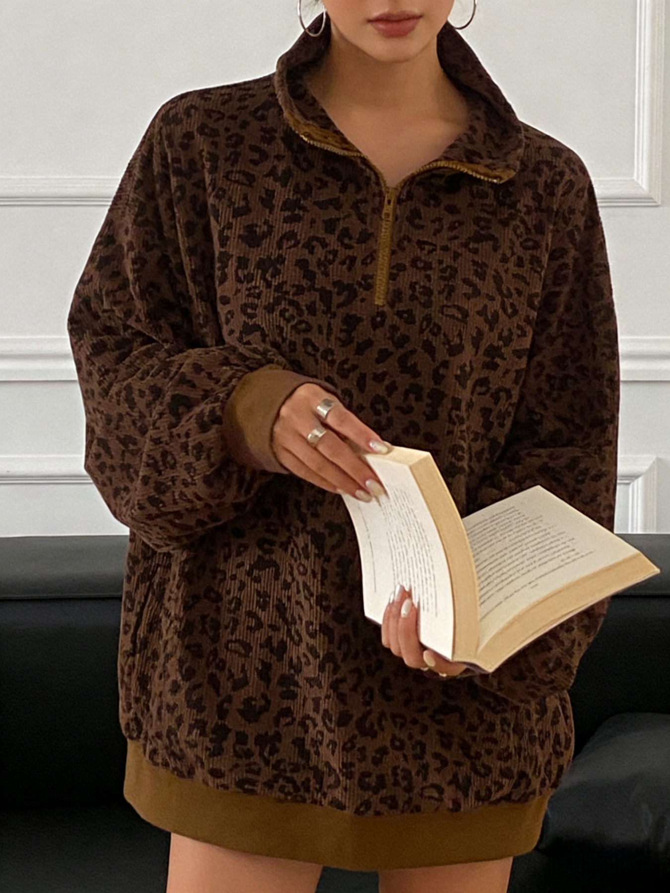 Sudadera holgada de terciopelo con estampado de leopardo de mujer de cuello alto con cremallera media-Aegean-sea