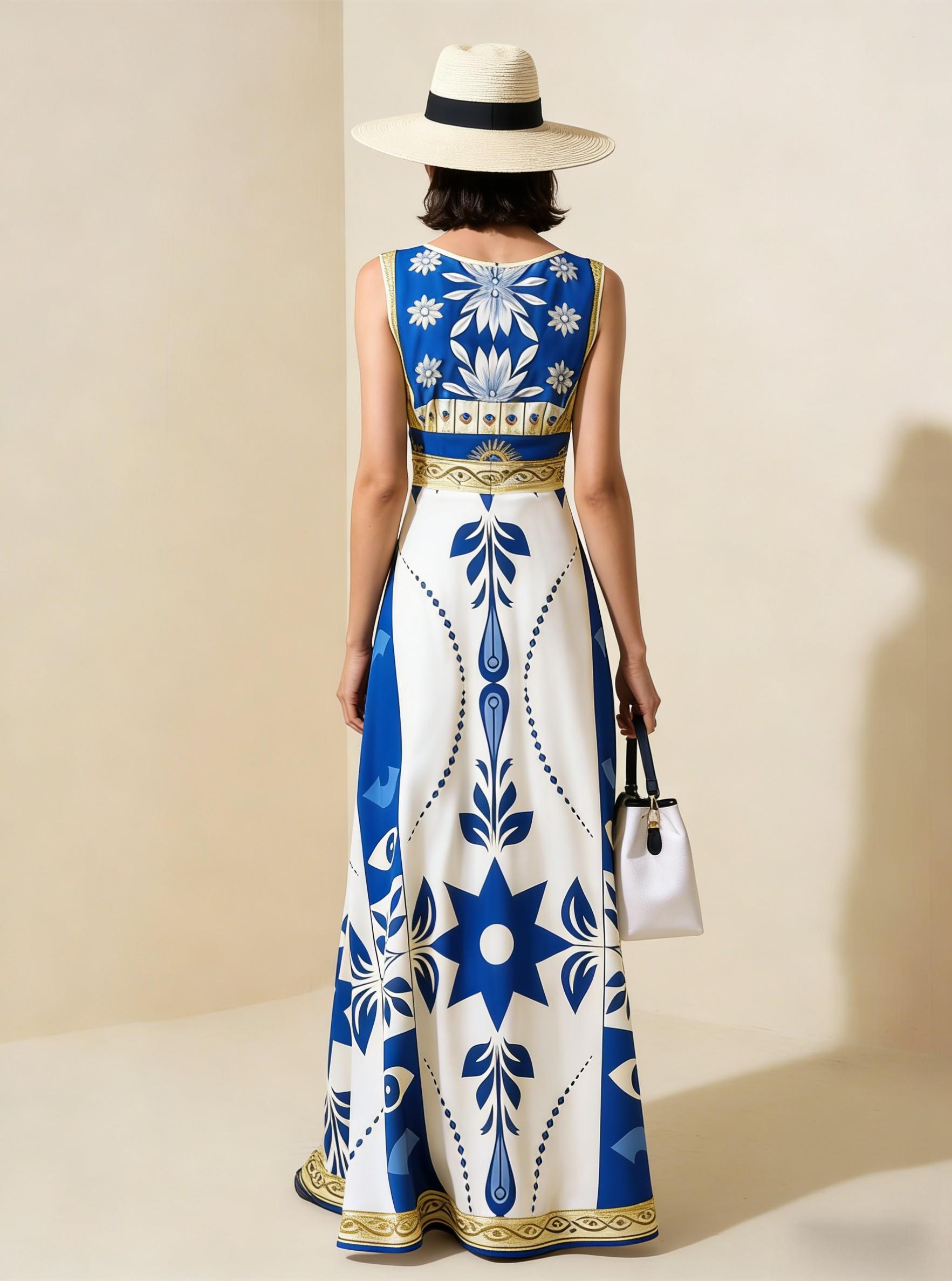 Blue & White Geometric Tribal Sleeveless Maxi Dress, Mediterranean Style Vacation Dress